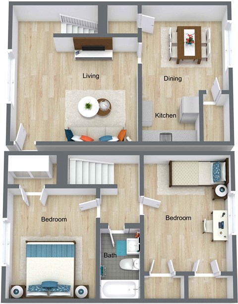 3D floor plan of Oak- 2 bed 1 bath - Golden Shores of Jacksonville Jacksonville, FL, 32211